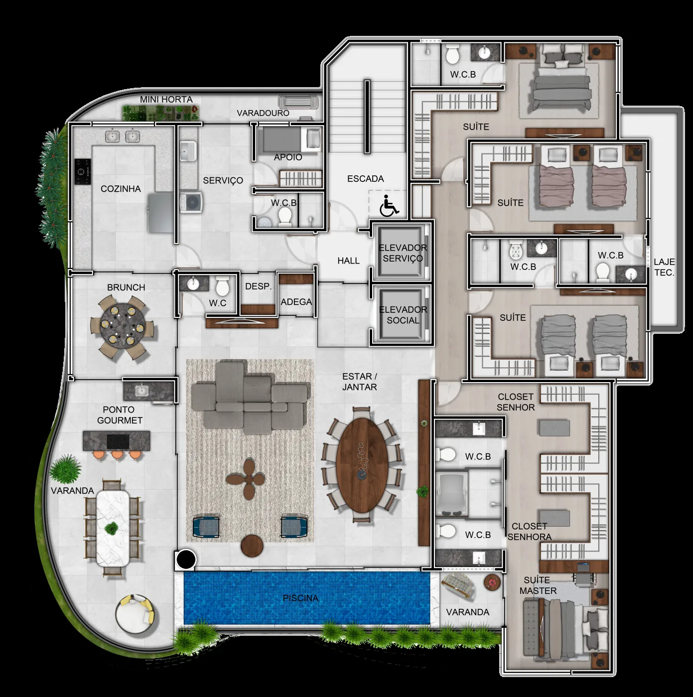 Planta tipo — 4 suítes