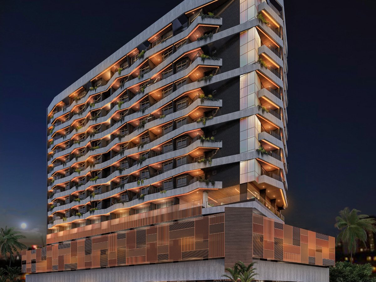 Fachada noturna do Altimus, novo empreendimento da Conenge Engenharia