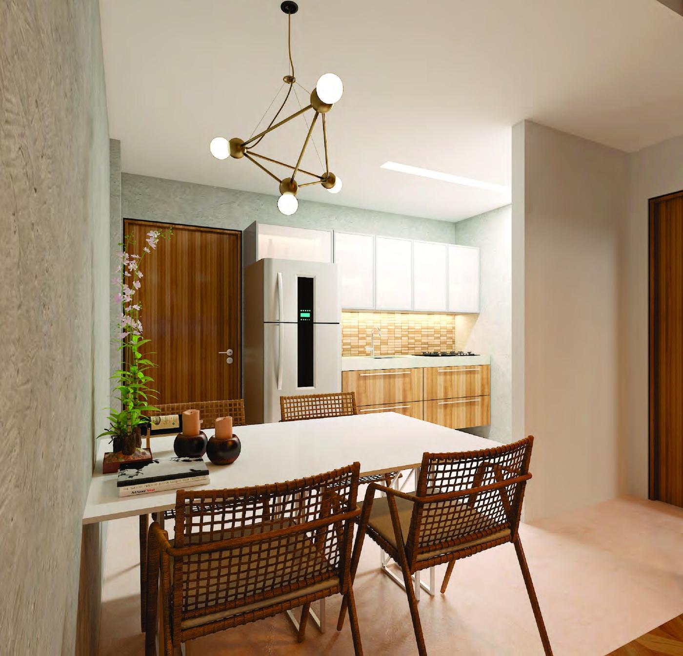 Cozinha e jantar ilustrativos do Lounge Residence