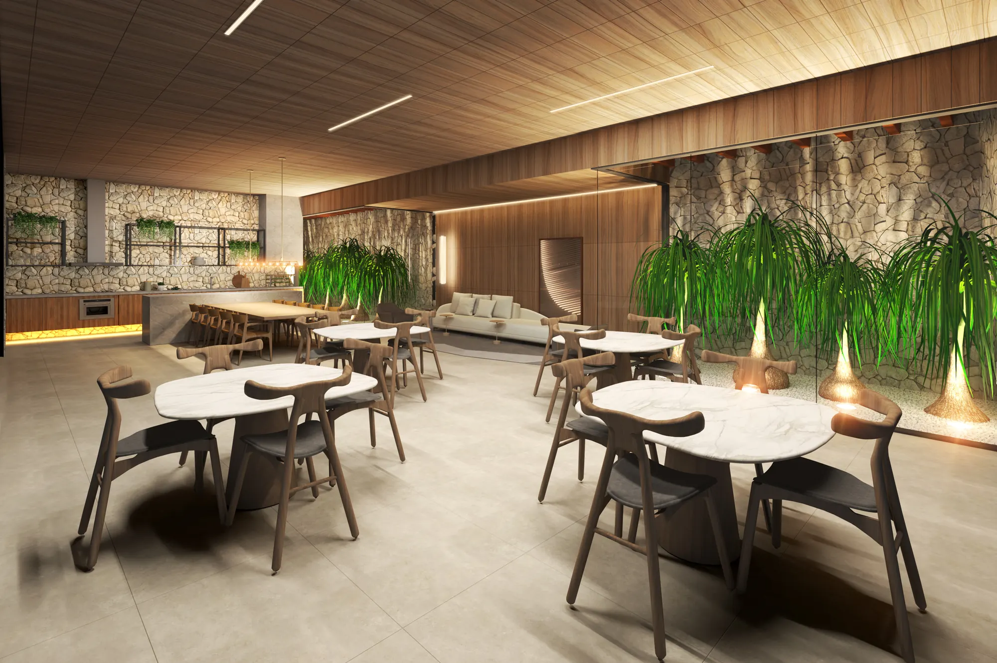 Espaço gourmet do Maison Plage com madeira, pedra e paisagismo