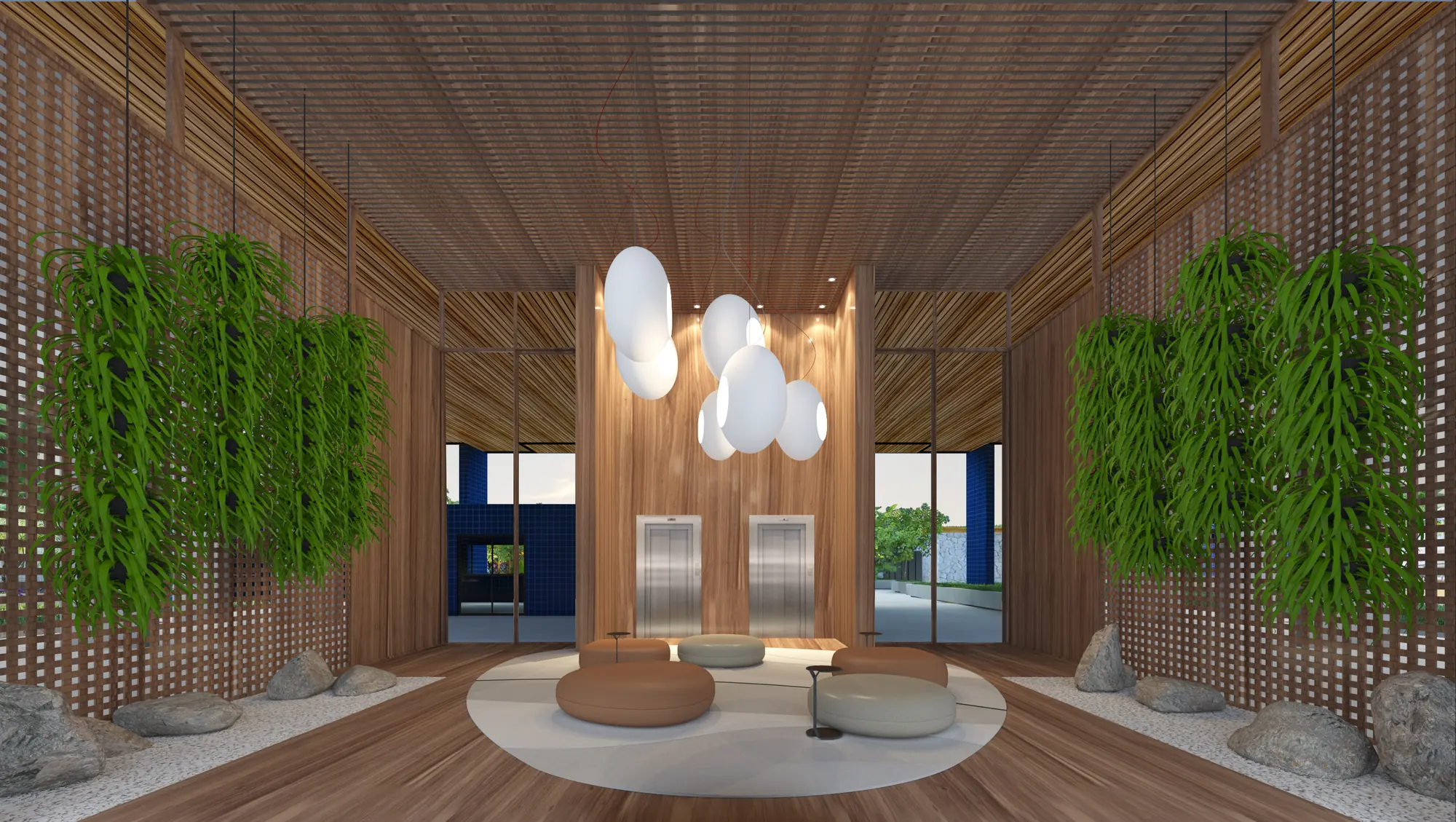 Lobby do Maison Plage com madeira, paisagismo e iluminação decorativa