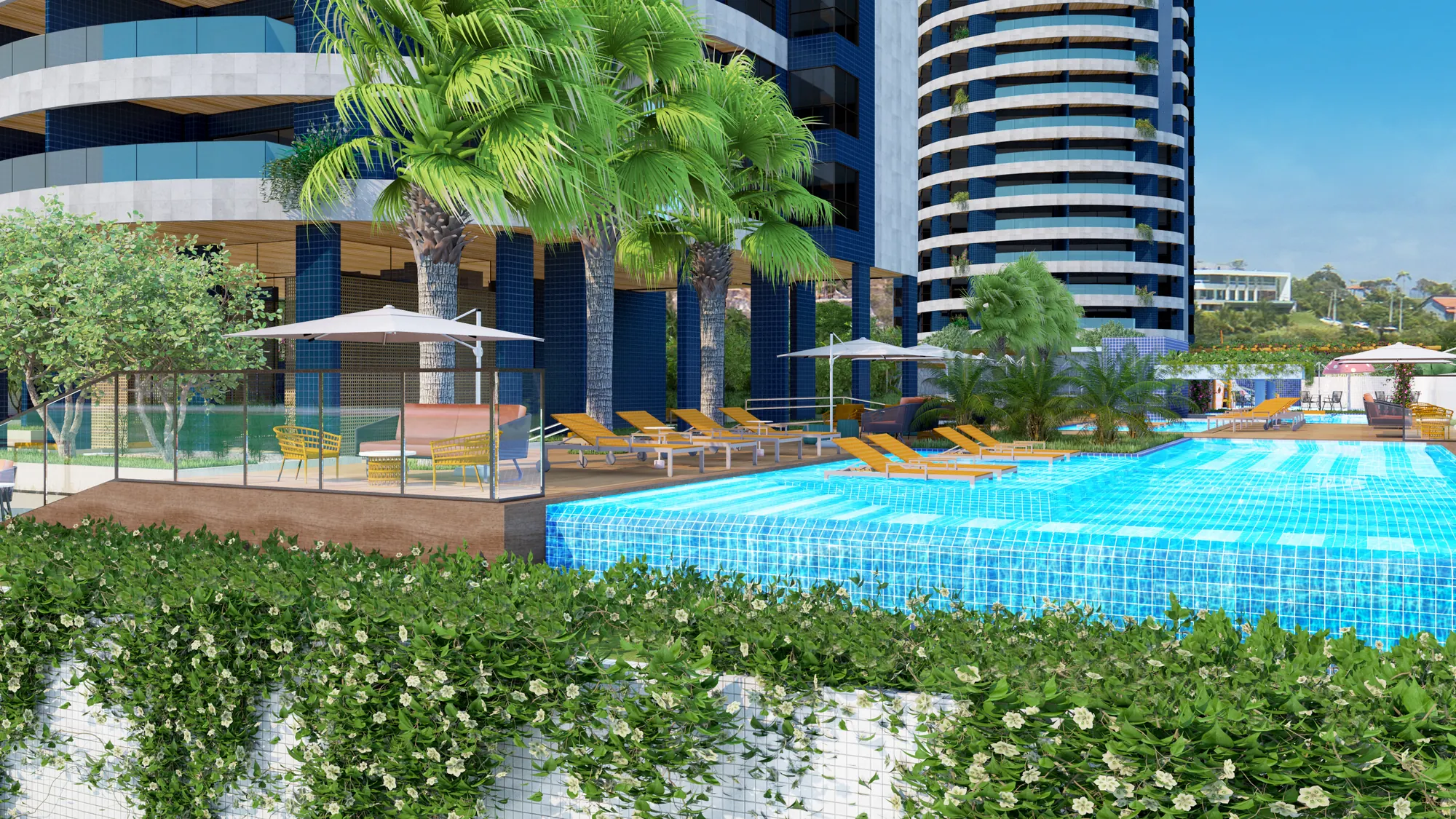 Piscina externa do Maison Plage junto às torres e ao paisagismo