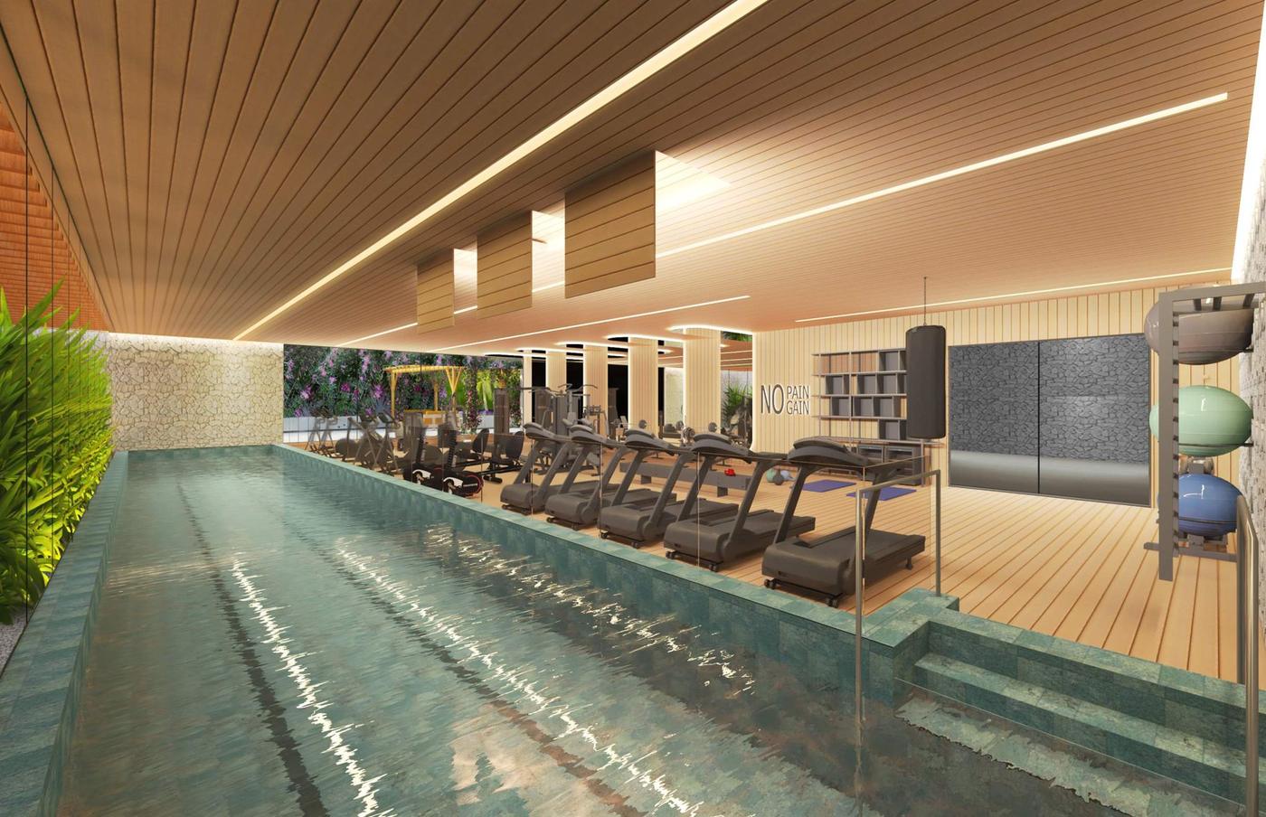 Piscina coberta e aquecida integrada ao fitness do Maison Plage